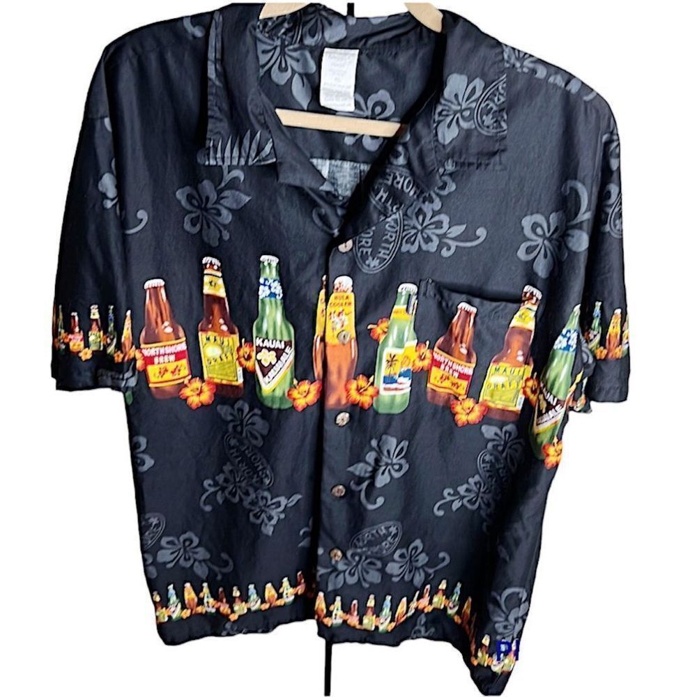 ❤️Vintage Palmwave Hawaiian Beer Bottles Hawaiian Art Button Down Casual Shirt